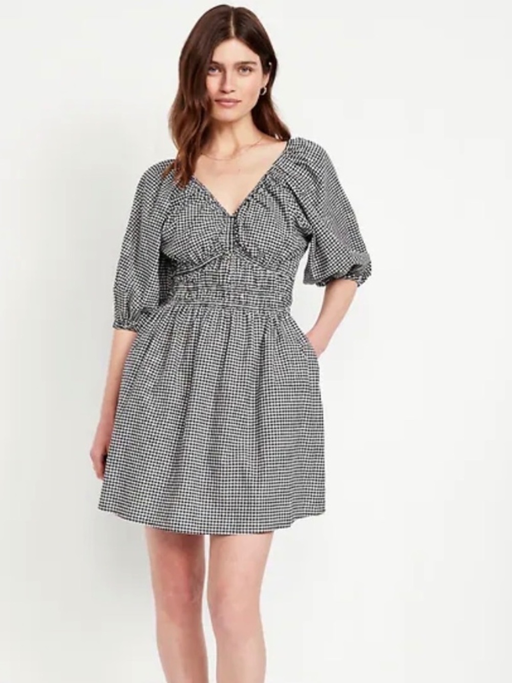 Waist Defined Gingham Mini Dress L w Pockets